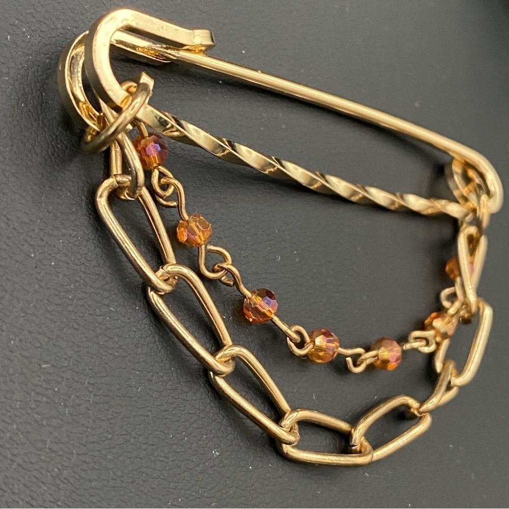Gold plated Paper clip Chain Clothes Pin Brooch with Amber Swarovski Crystals